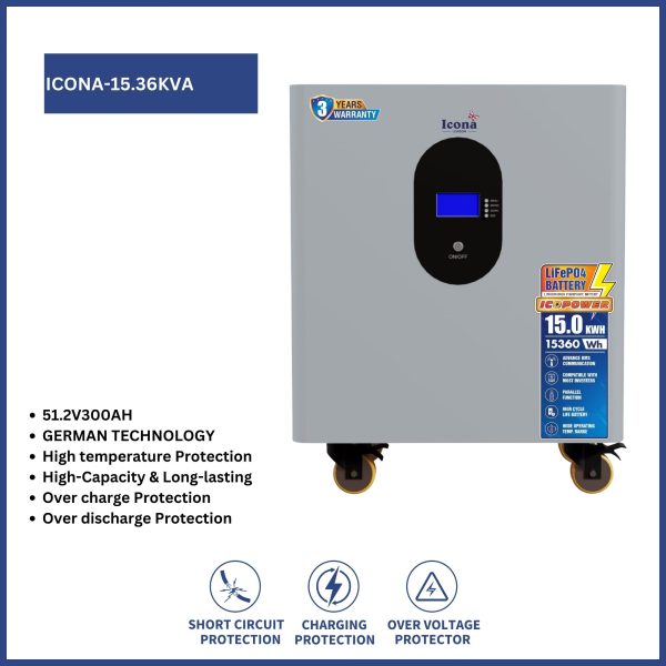 Icona London 51.2V 300Ah (15.36KVA) Lithium LiFePO4 Deep Cycle Battery – High-Capacity Rechargeable Battery for Solar/Wind Energy, UPS, Scooters, and More