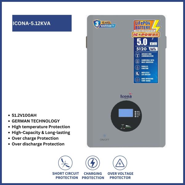 Icona London 51.2V 100Ah Lithium LiFePO4 Battery (5.12KVA) – Rechargeable Deep Cycle Battery for Solar Power, Wind Energy, UPS, Scooters, Lighting, and More