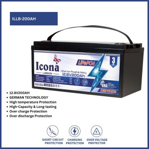 Icona London 12.8V 200Ah Lithium LiFePO4 Deep Cycle Battery – Rechargeable Lithium Iron Phosphate Battery for Solar Power, Wind Power, Scooters, UPS, Lighting, and More