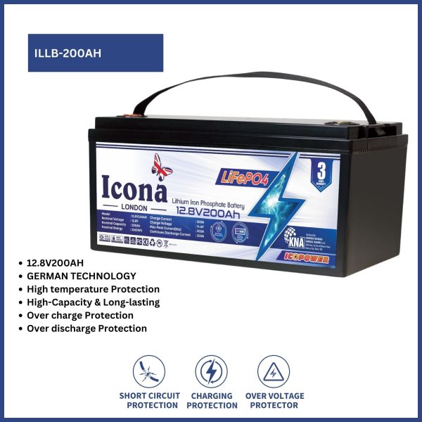 Icona London 12.8V 200Ah Lithium LiFePO4 Deep Cycle Battery – Rechargeable Lithium Iron Phosphate Battery for Solar Power, Wind Power, Scooters, UPS, Lighting, and More