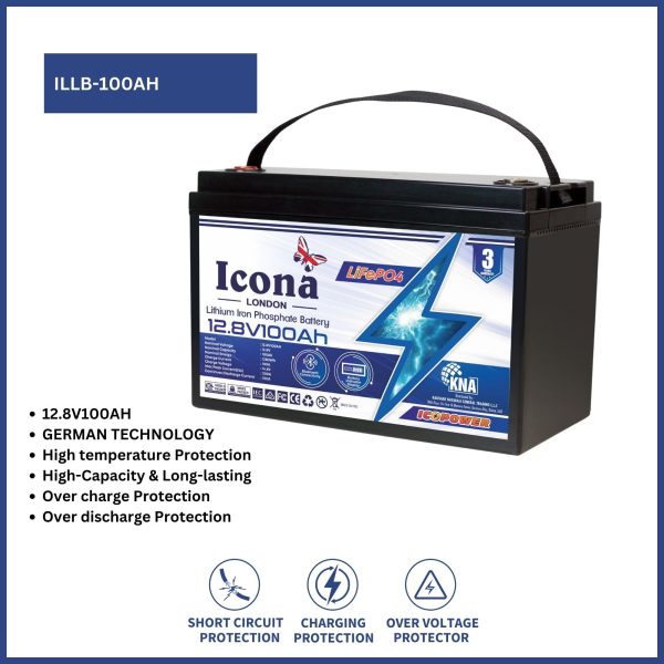 Icona London 12.8V 100Ah Lithium LiFePO4 Deep Cycle Battery – Rechargeable Lithium Iron Phosphate Battery for Solar Power, Wind Power, Scooters, UPS, Power Wheels, Fish Finder